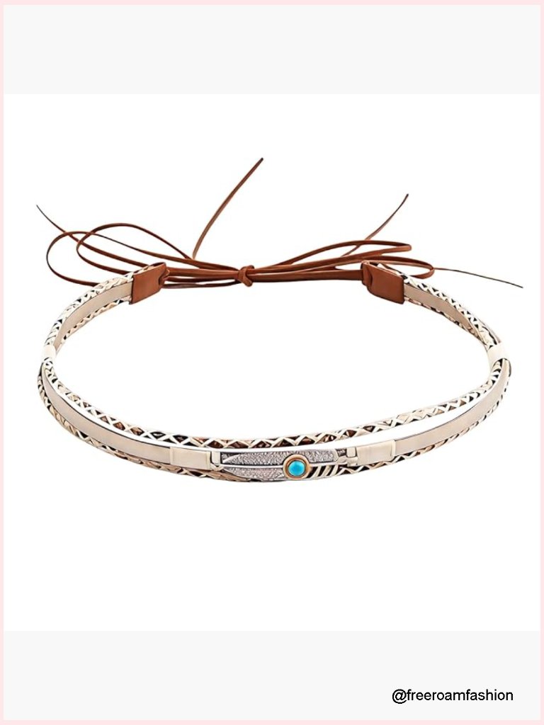 Handmade Western Leather Hatband With Turquoise Beads & Feathers, Adjustable